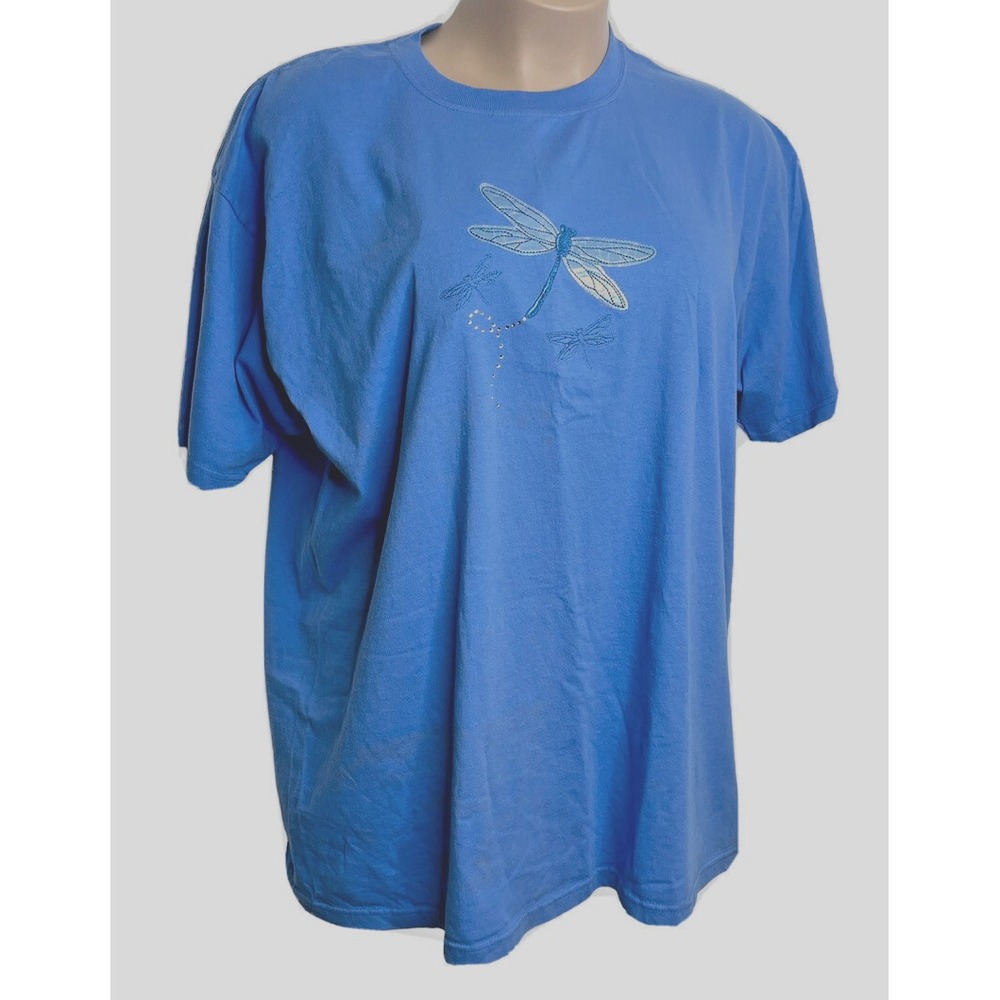 Vtg M&C Sportswear Dragon Fly Graphic T Shirt Blue Size 2X Cotton Rhinestones